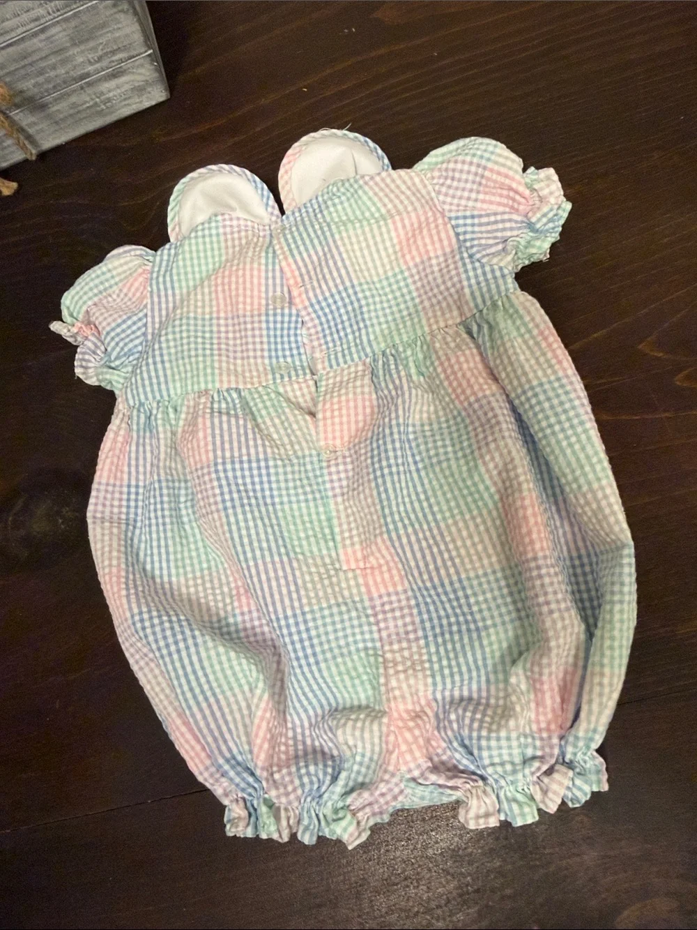 Vintage Pastel Gingham Baby Bubble Romper with Embroidered Train 3-6 months